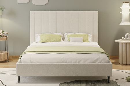 Letto in tessuto bouclé beige 140x190cm Cambridge foto d'ambiente