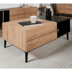 Tavolino Novi in ​​legno e nero in stile industriale con cassetti e nicchia chiusa Concept-U