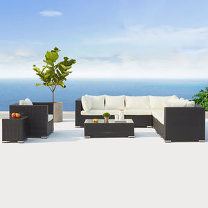 Set da giardino panoramico di 8 posti in resina intrecciata nero e bianco Salerne