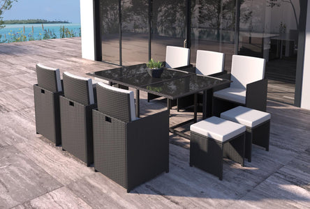 Set da giardino in resina intrecciata di 10 quadrati su sfondo bianco in bianco e nero
