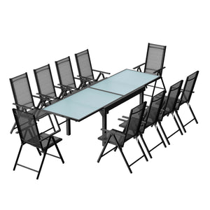 Set da giardino in alluminio con tavolo allungabile + 10 sedie in textilene