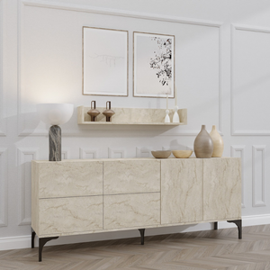 Credenza da 180 cm con 6 ante e mensola a muro in travertino, atmosfera concept u 3-quarti