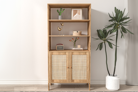 Credenza Cange con ante effetto canna e 3 ripiani rettangolari in legno chiaro concept u