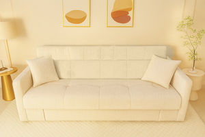 Divano letto Adare beige a 3 posti in velluto a coste con contenitore, formato rettangolare concept u