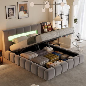 Letto contenitore Cloud 160x200 con LED in velluto grigio atmosfera di Omaha quadrato concept u