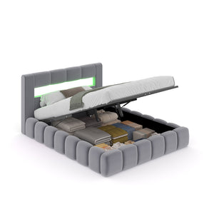 Letto contenitore Cloud 160x200 in velluto grigio con LED Omaha Packshot aperto concept u