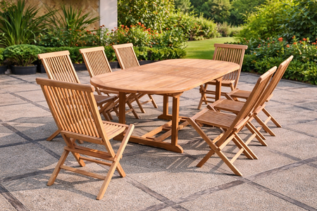 Tavolo da giardino teak grezzo 8 sedie ovale Kajang