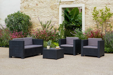 Set di mobili da giardino a 4 posti in resina intrecciata, grigio e nero, ambiente Solis concept u
