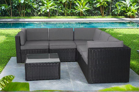 Salotto Da Giardino Basso Lino 4 Posti – Alluminio E Textilene Nero, Tavolo Con Vetro, Antiruggine E Resistente Alle Intemperie, Divano 2 Posti + 2 Sedie