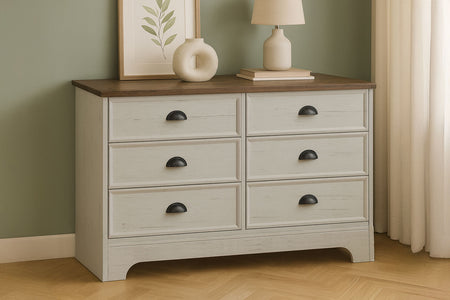 Cassettiera 6 cassetti bianca e legno 120 cm Valla foto d'ambiente