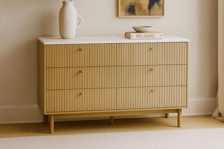 Credenza a 6 cassetti effetto legno e bianco 120 cm Brox foto ambientata