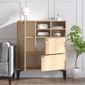 credenza alta in rovere con ante color zaffiro ewa aperto concept u