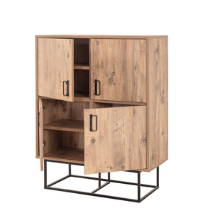 credenza vintage bresov in legno con sfondo bianco, porte aperte a 3/4 concept u