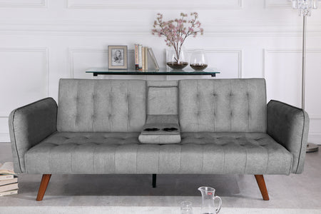 Divano 3 posti trasformabile con tavolino centrale ribaltabile in velluto grigio glacé Inverness foto d’ambiente