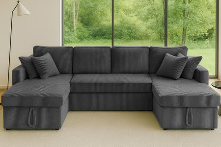 Divano letto panoramico con vani contenitore 4 posti in velluto a coste grigio Mahé vista frontale