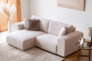 Divano angolare reversibile a 3 posti in velluto a coste beige Aberdeen foto d'atmosfera