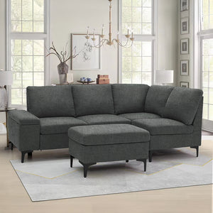 Divano angolare 4/5 posti in tessuto ciniglia grigio antracite con pouf e vano contenitore Colchester in situ