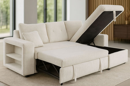 Divano angolare letto 4 posti con contenitore in velluto a coste beige Glasgow foto ambientata