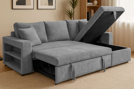 Divano angolare letto 4 posti con contenitore in velluto a coste grigio Glasgow foto ambientata