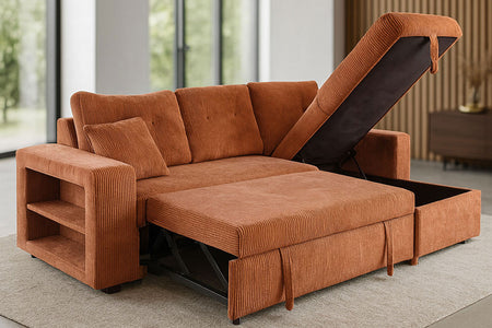 Divano angolare letto 4 posti con contenitore in velluto a coste terracotta Glasgow foto ambientata