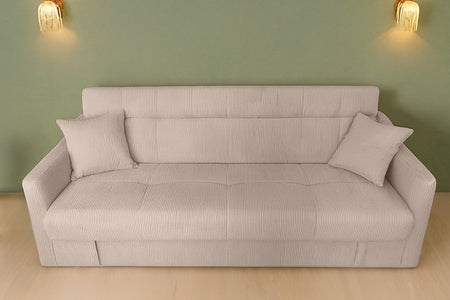 Divano letto con contenitore in velluto a coste beige a 3 posti Adare foto d'ambiente