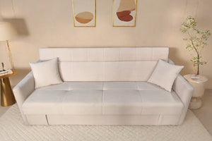 Divano letto con contenitore in velluto a coste beige 3 posti Adare foto ambientata