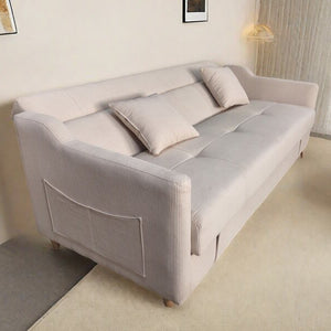 Divano letto con contenitore in velluto a coste beige 3 posti Adare con tasca laterale
