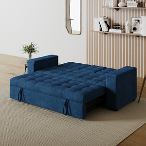 Divano letto 3 posti con tavolino centrale e braccioli removibili blu velluto a coste Noho configurazione divano-letto