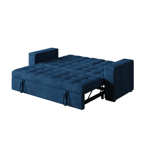 Divano letto 3 posti con tavolino centrale e braccioli removibili blu velluto a coste Noho packshot configurazione letto