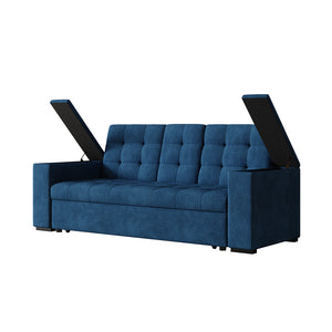 Divano letto 3 posti con tavolino centrale e braccioli removibili blu velluto a coste Noho packshot vani nei braccioli