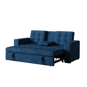 Divano letto 3 posti con tavolino centrale e braccioli removibili blu velluto a coste Noho packshot seduta profonda