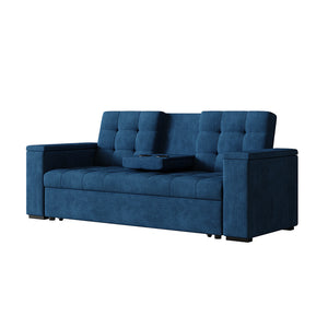Divano letto 3 posti con tavolino centrale e braccioli removibili blu velluto a coste Noho packshot con tavolino ribaltabile