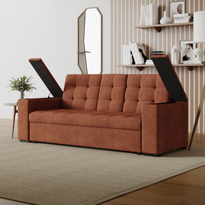 Divano letto 3 posti con tavolino centrale e braccioli removibili terracotta velluto a coste Noho vani nei braccioli