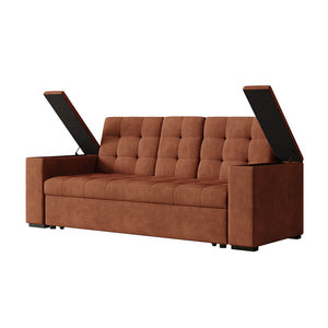 Divano letto 3 posti con tavolino centrale e braccioli removibili terracotta velluto a coste Noho packshot vani nei braccioli