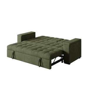 Divano letto 3 posti con tavolino centrale e braccioli removibili verde velluto a coste Noho packshot configurazione letto