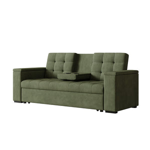 Divano letto 3 posti con tavolino centrale e braccioli removibili verde velluto a coste Noho packshot con tavolino ribaltabile