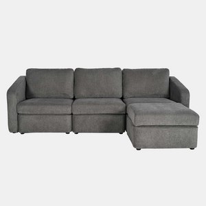 Divano modulare grigio scuro Konekt packshot frontale 3 posti pouf angolo destro Concept Usine