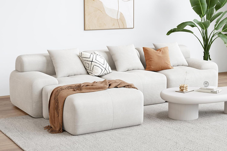 Divano da 5-6 posti con pouf in velluto a coste beige Sheffield foto vista 3/4