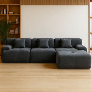 Divano da 5-6 posti con pouf in velluto a coste grigio antracite Sheffield vista frontale