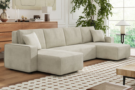 Divano letto panoramico 6 posti con vano contenitore in velluto a coste Salisbury beige ambientazione