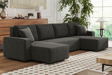 Divano letto panoramico 6 posti con vano contenitore in velluto a coste Salisbury grigio antracite ambientazione