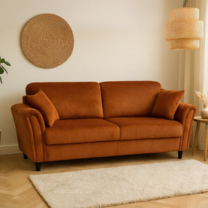 divano dritto a 4 posti in velluto a coste color terracotta e rivestimento in erba medica concept u
