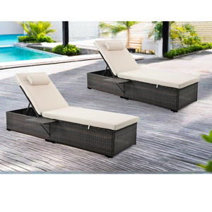 Set di 2 sedie a sdraio reclinabili in resina intrecciata beige e marrone Punta Cana con tavolino pieghevole