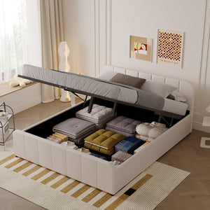Letto con contenitore 140x190cm in velluto beige Tampa vista del contenitore