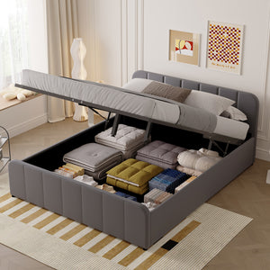 Letto con contenitore 160x200cm in velluto grigio Tampa vista del contenitore
