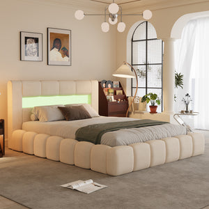Letto nuvola con contenitore e LED 180x200 cm in velluto beige con testiera e rete Omaha vista 3/4