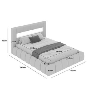 Letto nuvola con contenitore e LED 180x200 cm in velluto grigio con testiera e rete Omaha dimensioni