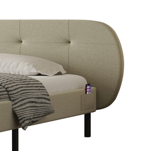 Letto capitonné 140x190 cm beige con testiera e rete Tulsa packshot zoom su testiera e tasca telefono
