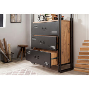 libreria cassetti e ripiani legno industriale e nero tali atmosfera zoom apri cassetto concept u