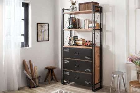 libreria rettangolare in legno industriale e nero con cassetti e ripiani concept u